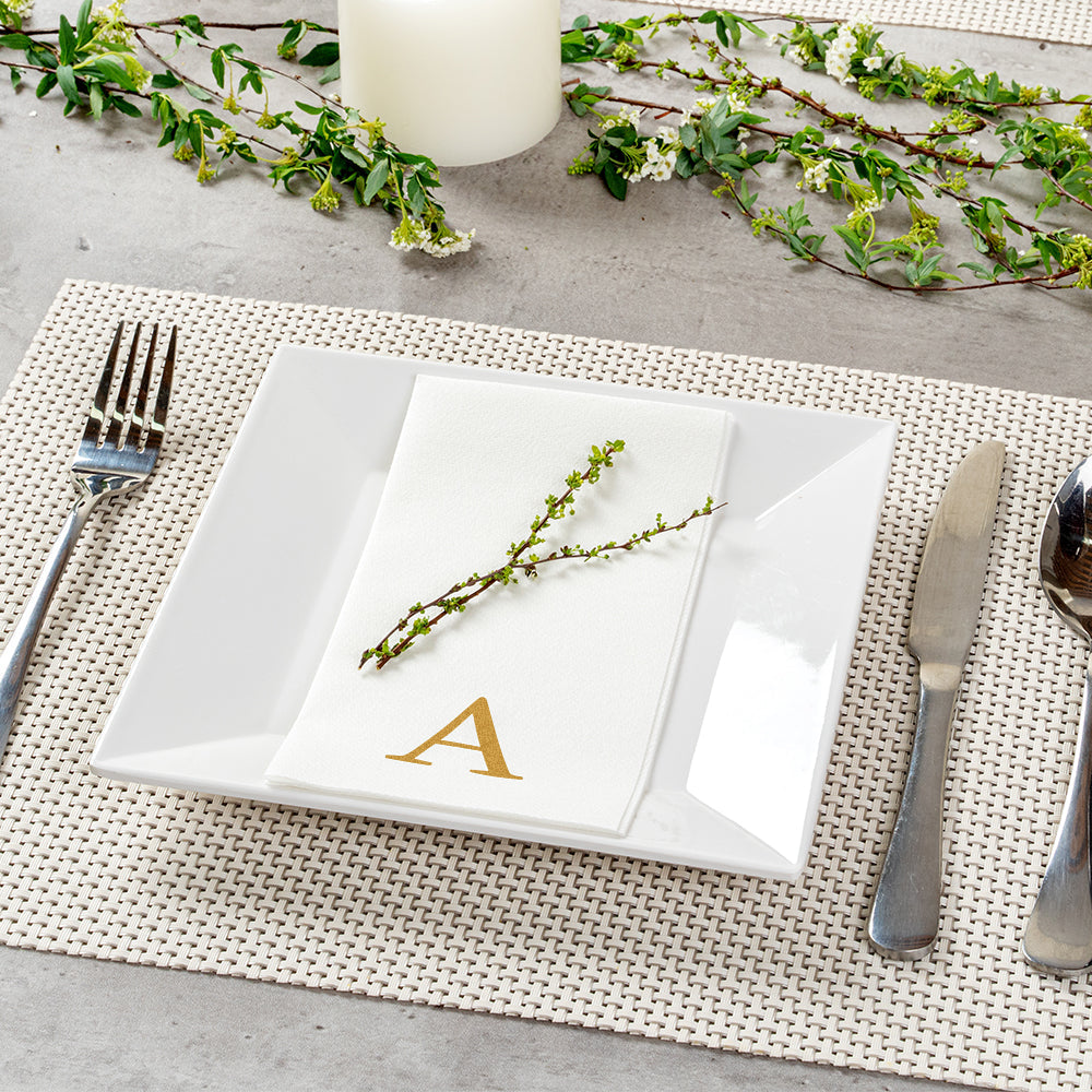 Luxenap Rectangle Gold Letter A White Paper Linen-Feel Guest Towel / Napkin - Air Laid, Sans Serif Font - 15 3/4" x 8" - 2000 count box