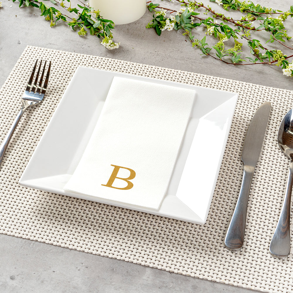Luxenap Rectangle Gold Letter B White Paper Linen-Feel Guest Towel / Napkin - Air Laid, Sans Serif Font - 15 3/4" x 8" - 2000 count box