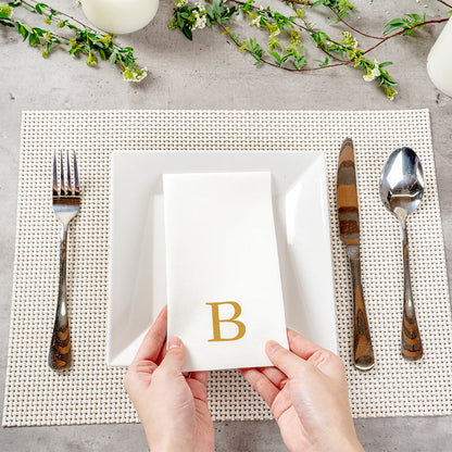 Luxenap Rectangle Gold Letter B White Paper Linen-Feel Guest Towel / Napkin - Air Laid, Sans Serif Font - 15 3/4" x 8" - 2000 count box