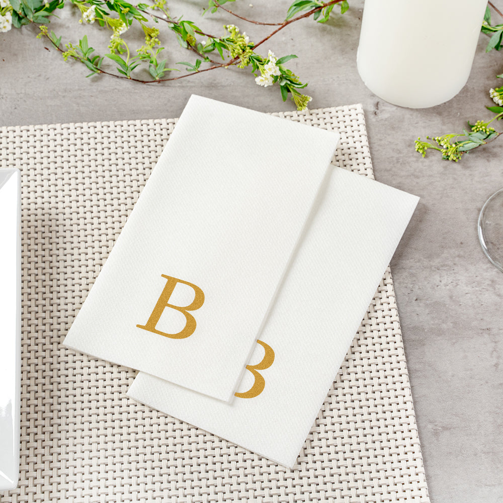 Luxenap Rectangle Gold Letter B White Paper Linen-Feel Guest Towel / Napkin - Air Laid, Sans Serif Font - 15 3/4" x 8" - 2000 count box