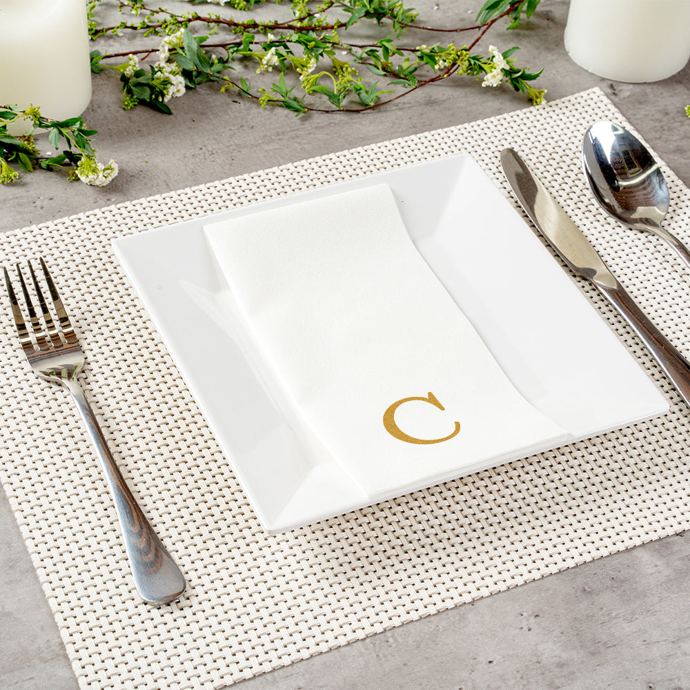 Luxenap Rectangle Gold Letter C White Paper Linen-Feel Guest Towel / Napkin - Air Laid, Sans Serif Font - 15 3/4" x 8" - 50 count box