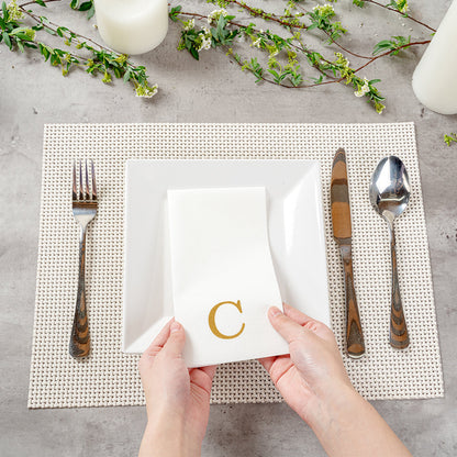 Luxenap Rectangle Gold Letter C White Paper Linen-Feel Guest Towel / Napkin - Air Laid, Sans Serif Font - 15 3/4" x 8" - 50 count box