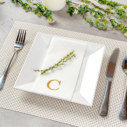 Luxenap Rectangle Gold Letter C White Paper Linen-Feel Guest Towel / Napkin - Air Laid, Sans Serif Font - 15 3/4" x 8" - 2000 count box