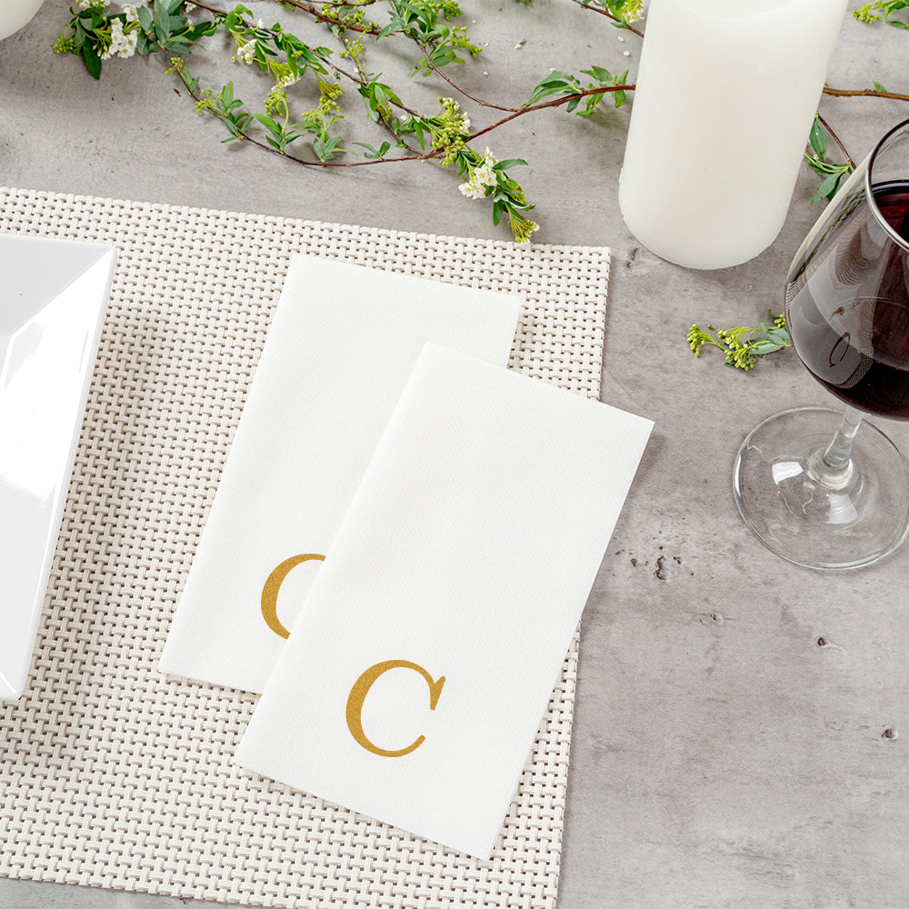 Luxenap Rectangle Gold Letter C White Paper Linen-Feel Guest Towel / Napkin - Air Laid, Sans Serif Font - 15 3/4" x 8" - 2000 count box