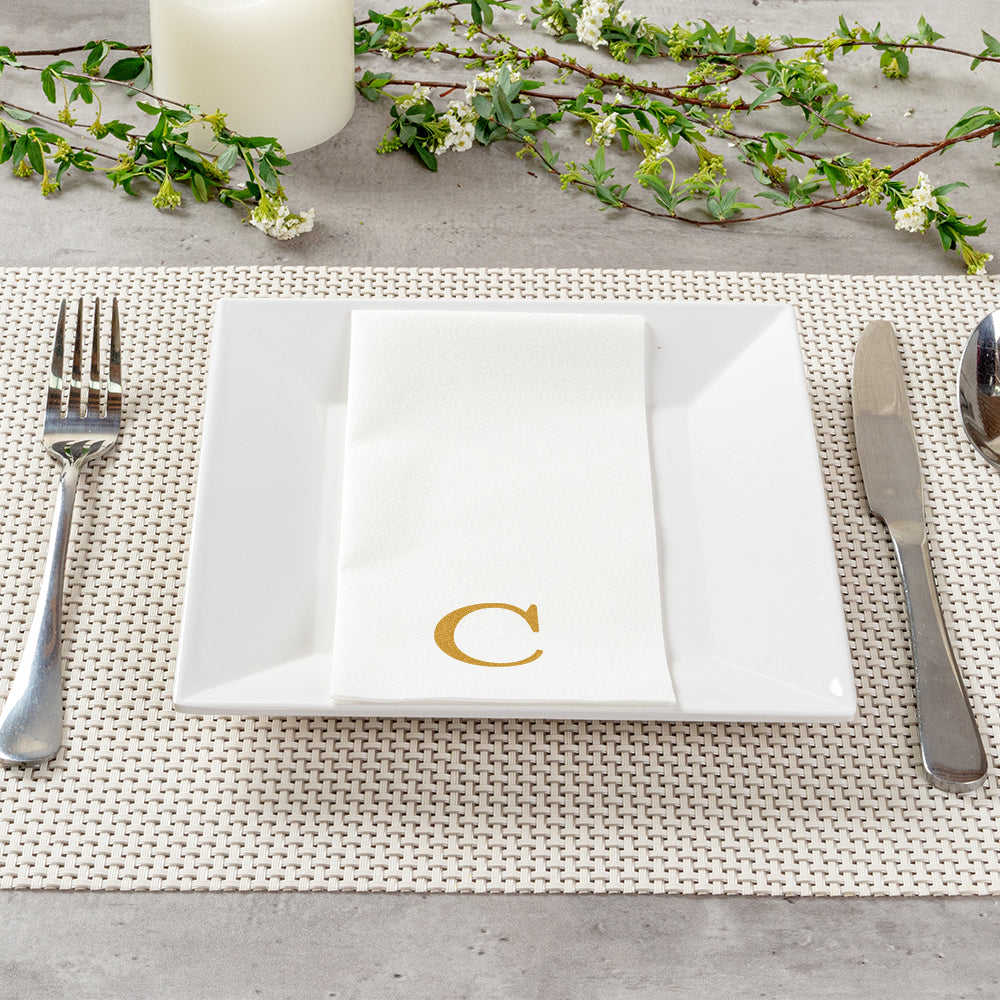 Luxenap Rectangle Gold Letter C White Paper Linen-Feel Guest Towel / Napkin - Air Laid, Sans Serif Font - 15 3/4" x 8" - 2000 count box
