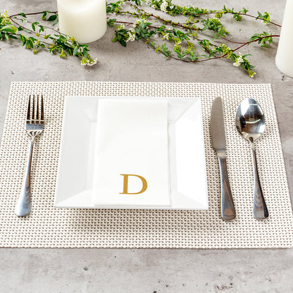 Luxenap Rectangle Gold Letter D White Paper Linen-Feel Guest Towel / Napkin - Air Laid, Sans Serif Font - 15 3/4" x 8" - 50 count box