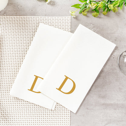 Luxenap Rectangle Gold Letter D White Paper Linen-Feel Guest Towel / Napkin - Air Laid, Sans Serif Font - 15 3/4" x 8" - 50 count box
