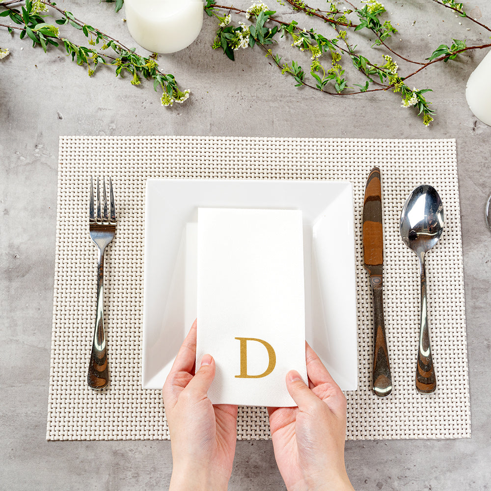 Luxenap Rectangle Gold Letter D White Paper Linen-Feel Guest Towel / Napkin - Air Laid, Sans Serif Font - 15 3/4" x 8" - 2000 count box
