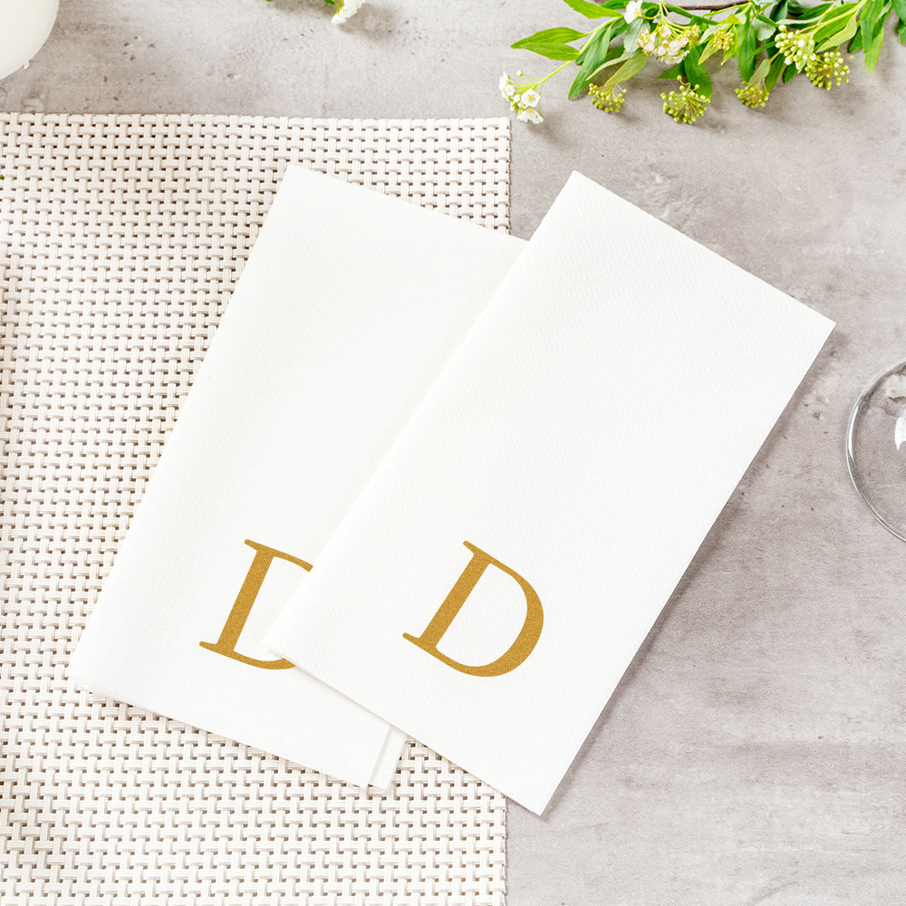 Luxenap Rectangle Gold Letter D White Paper Linen-Feel Guest Towel / Napkin - Air Laid, Sans Serif Font - 15 3/4" x 8" - 2000 count box