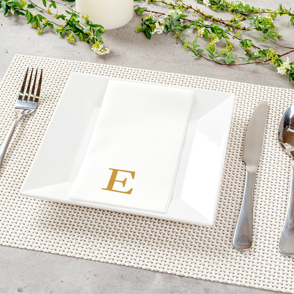 Luxenap Rectangle Gold Letter E White Paper Linen-Feel Guest Towel / Napkin - Air Laid, Sans Serif Font - 15 3/4" x 8" - 50 count box