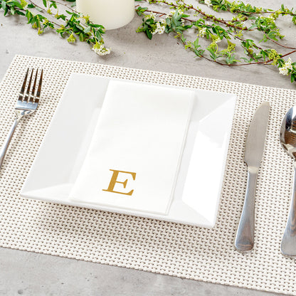 Luxenap Rectangle Gold Letter E White Paper Linen-Feel Guest Towel / Napkin - Air Laid, Sans Serif Font - 15 3/4" x 8" - 50 count box
