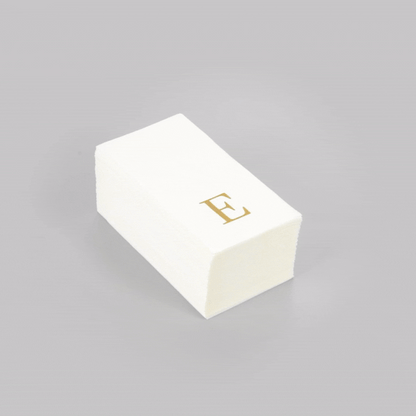 Luxenap Rectangle Gold Letter E White Paper Linen-Feel Guest Towel / Napkin - Air Laid, Sans Serif Font - 15 3/4" x 8" - 50 count box