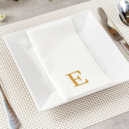 Luxenap Rectangle Gold Letter E White Paper Linen-Feel Guest Towel / Napkin - Air Laid, Sans Serif Font - 15 3/4" x 8" - 2000 count box