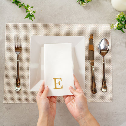 Luxenap Rectangle Gold Letter E White Paper Linen-Feel Guest Towel / Napkin - Air Laid, Sans Serif Font - 15 3/4" x 8" - 2000 count box