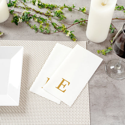 Luxenap Rectangle Gold Letter E White Paper Linen-Feel Guest Towel / Napkin - Air Laid, Sans Serif Font - 15 3/4" x 8" - 2000 count box