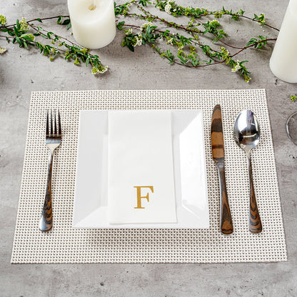 Luxenap Rectangle Gold Letter F White Paper Linen-Feel Guest Towel / Napkin - Air Laid, Sans Serif Font - 15 3/4" x 8" - 50 count box