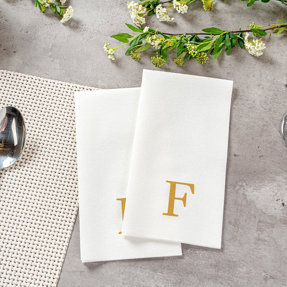 Luxenap Rectangle Gold Letter F White Paper Linen-Feel Guest Towel / Napkin - Air Laid, Sans Serif Font - 15 3/4" x 8" - 50 count box