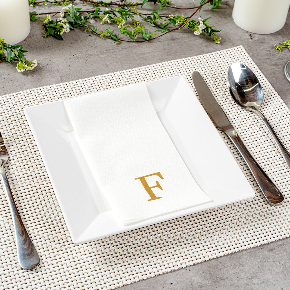 Luxenap Rectangle Gold Letter F White Paper Linen-Feel Guest Towel / Napkin - Air Laid, Sans Serif Font - 15 3/4" x 8" - 50 count box