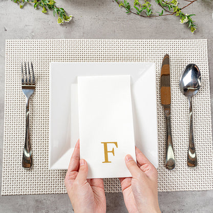 Luxenap Rectangle Gold Letter F White Paper Linen-Feel Guest Towel / Napkin - Air Laid, Sans Serif Font - 15 3/4" x 8" - 2000 count box