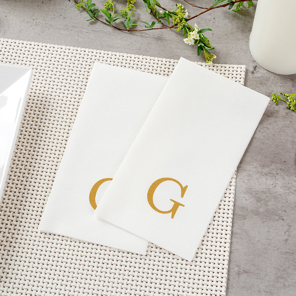 Luxenap Rectangle Gold Letter G White Paper Linen-Feel Guest Towel / Napkin - Air Laid, Sans Serif Font - 15 3/4" x 8" - 50 count box