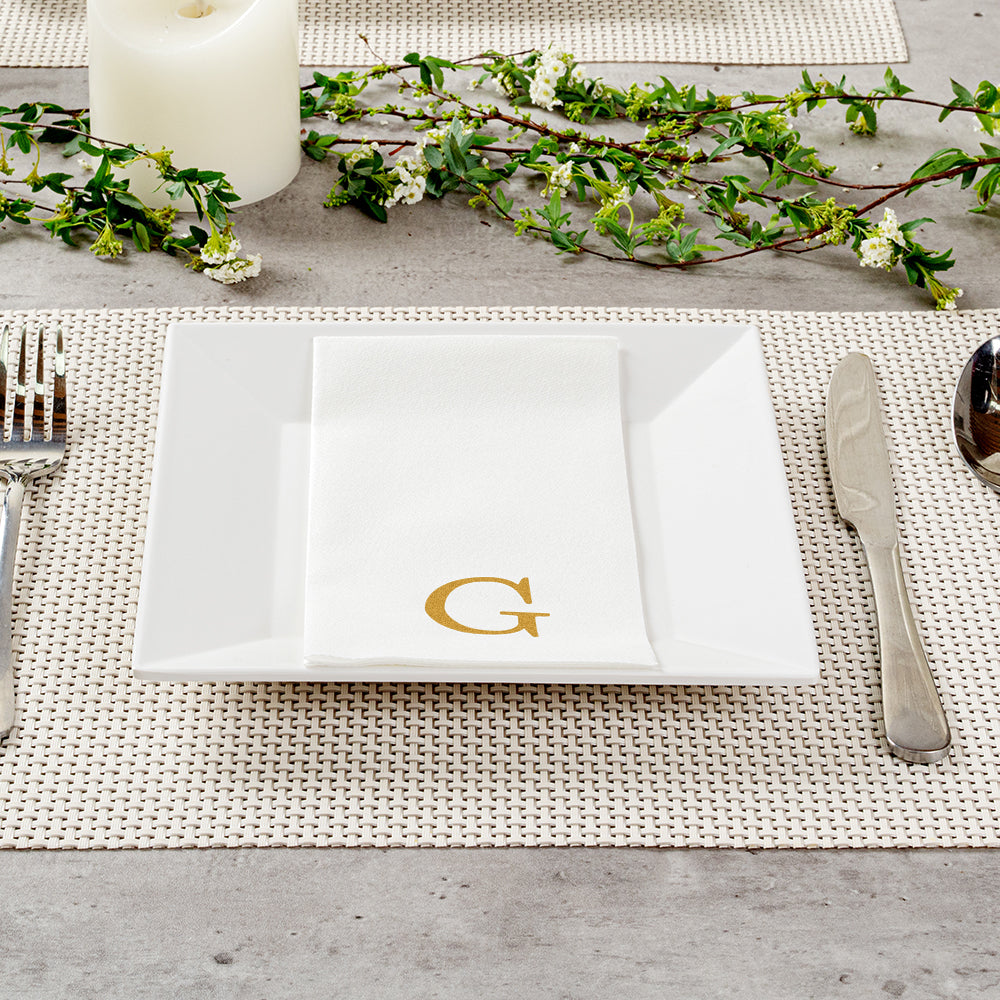 Luxenap Rectangle Gold Letter G White Paper Linen-Feel Guest Towel / Napkin - Air Laid, Sans Serif Font - 15 3/4" x 8" - 2000 count box