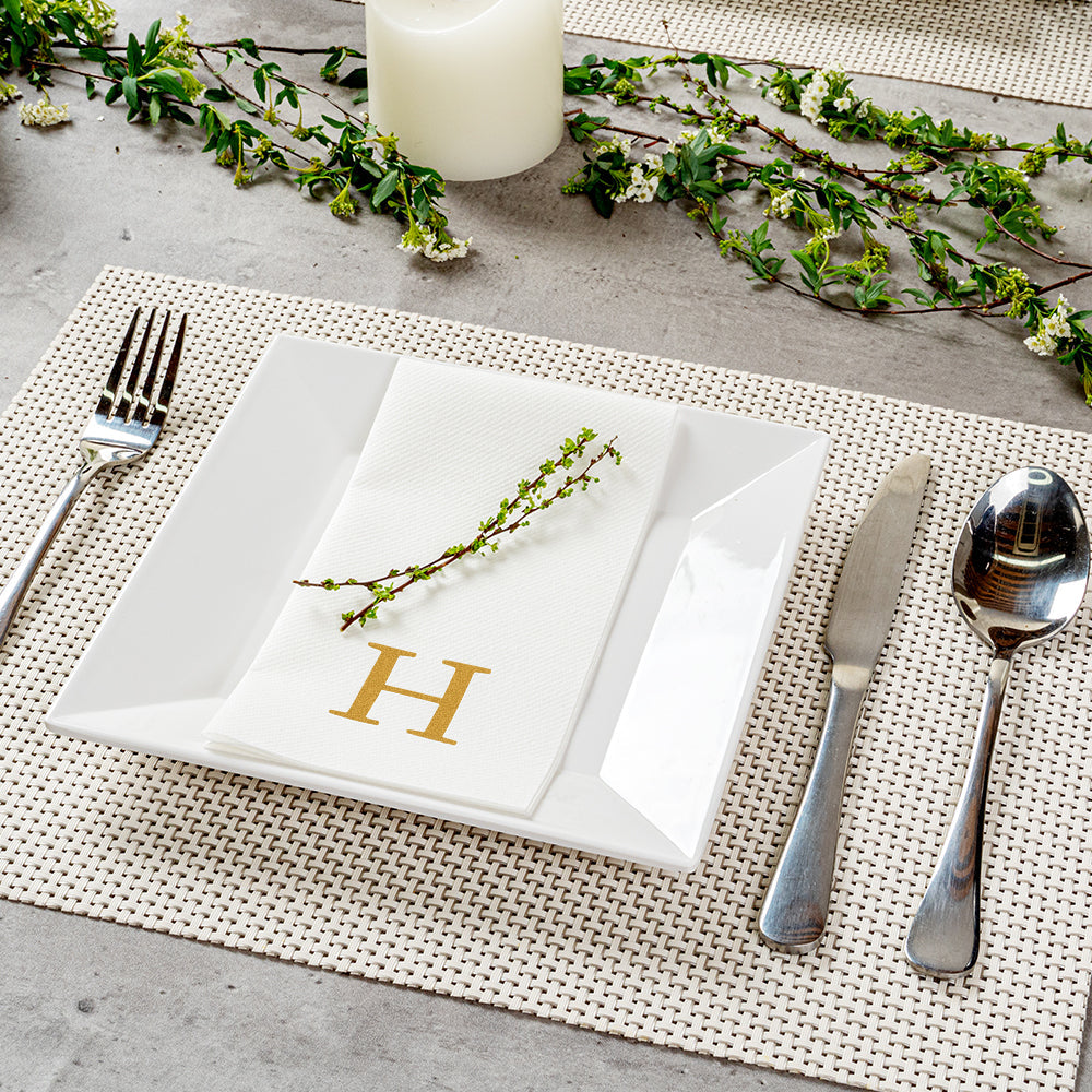 Luxenap Rectangle Gold Letter H White Paper Linen-Feel Guest Towel / Napkin - Air Laid, Sans Serif Font - 15 3/4" x 8" - 50 count box