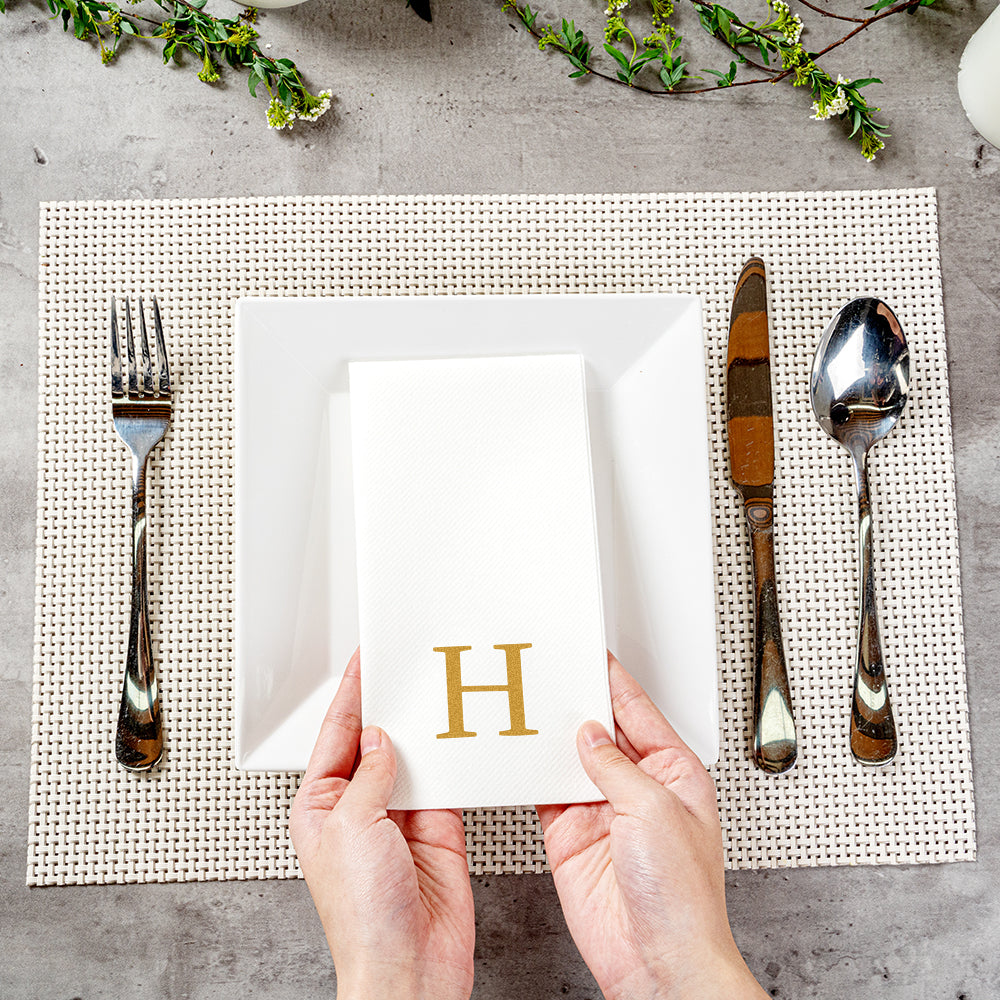 Luxenap Rectangle Gold Letter H White Paper Linen-Feel Guest Towel / Napkin - Air Laid, Sans Serif Font - 15 3/4" x 8" - 2000 count box
