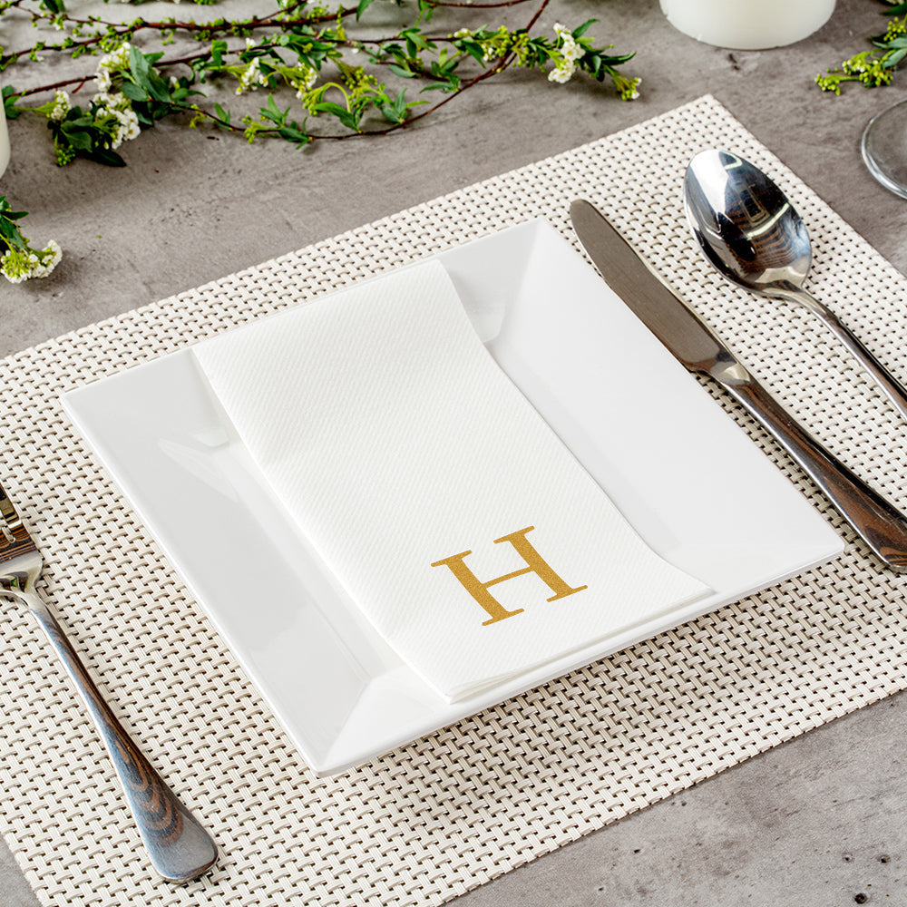 Luxenap Rectangle Gold Letter H White Paper Linen-Feel Guest Towel / Napkin - Air Laid, Sans Serif Font - 15 3/4" x 8" - 2000 count box