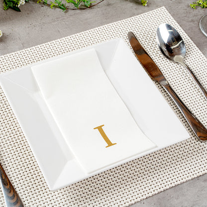Luxenap Rectangle Gold Letter I White Paper Linen-Feel Guest Towel / Napkin - Air Laid, Sans Serif Font - 15 3/4" x 8" - 2000 count box