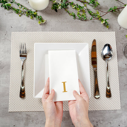 Luxenap Rectangle Gold Letter I White Paper Linen-Feel Guest Towel / Napkin - Air Laid, Sans Serif Font - 15 3/4" x 8" - 50 count box