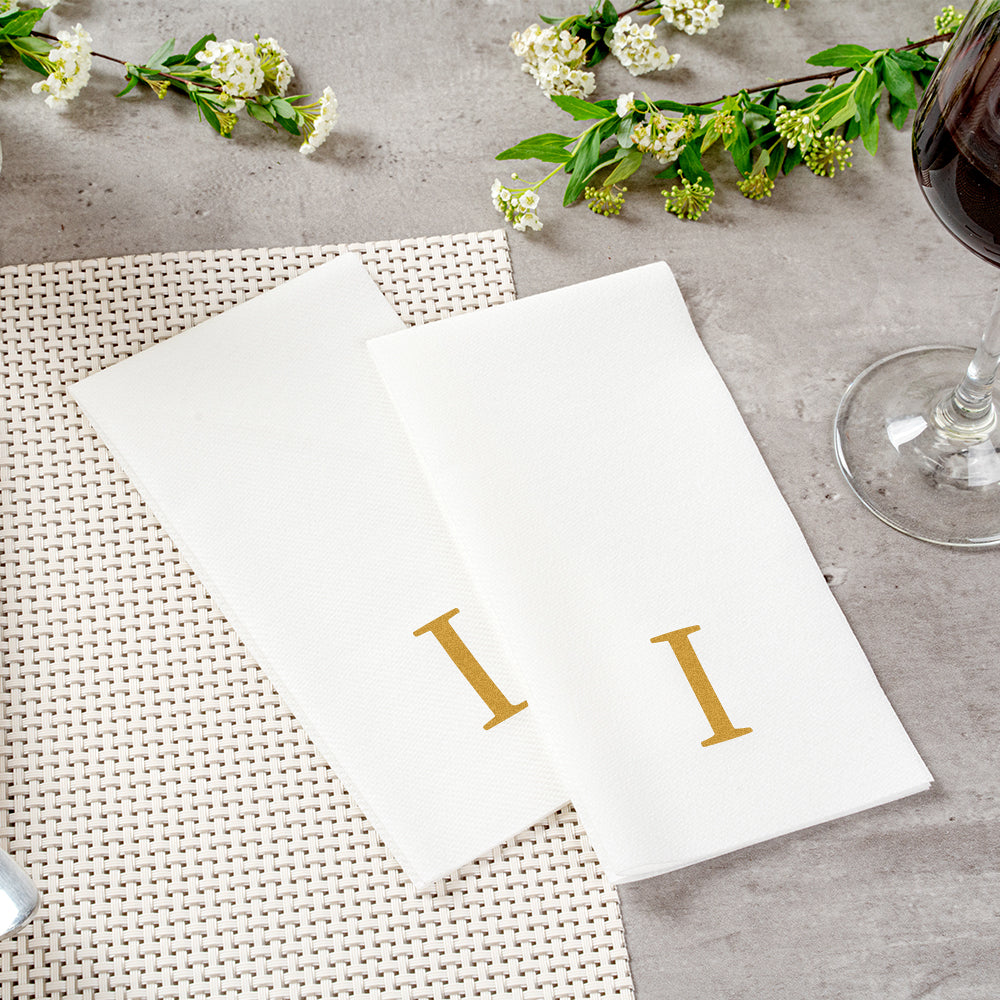 Luxenap Rectangle Gold Letter I White Paper Linen-Feel Guest Towel / Napkin - Air Laid, Sans Serif Font - 15 3/4" x 8" - 50 count box