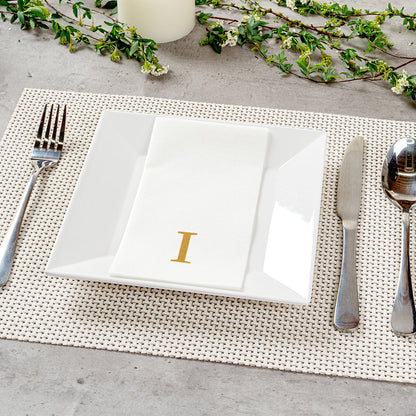 Luxenap Rectangle Gold Letter I White Paper Linen-Feel Guest Towel / Napkin - Air Laid, Sans Serif Font - 15 3/4" x 8" - 50 count box
