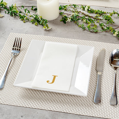 Luxenap Rectangle Gold Letter J White Paper Linen-Feel Guest Towel / Napkin - Air Laid, Sans Serif Font - 15 3/4" x 8" - 2000 count box