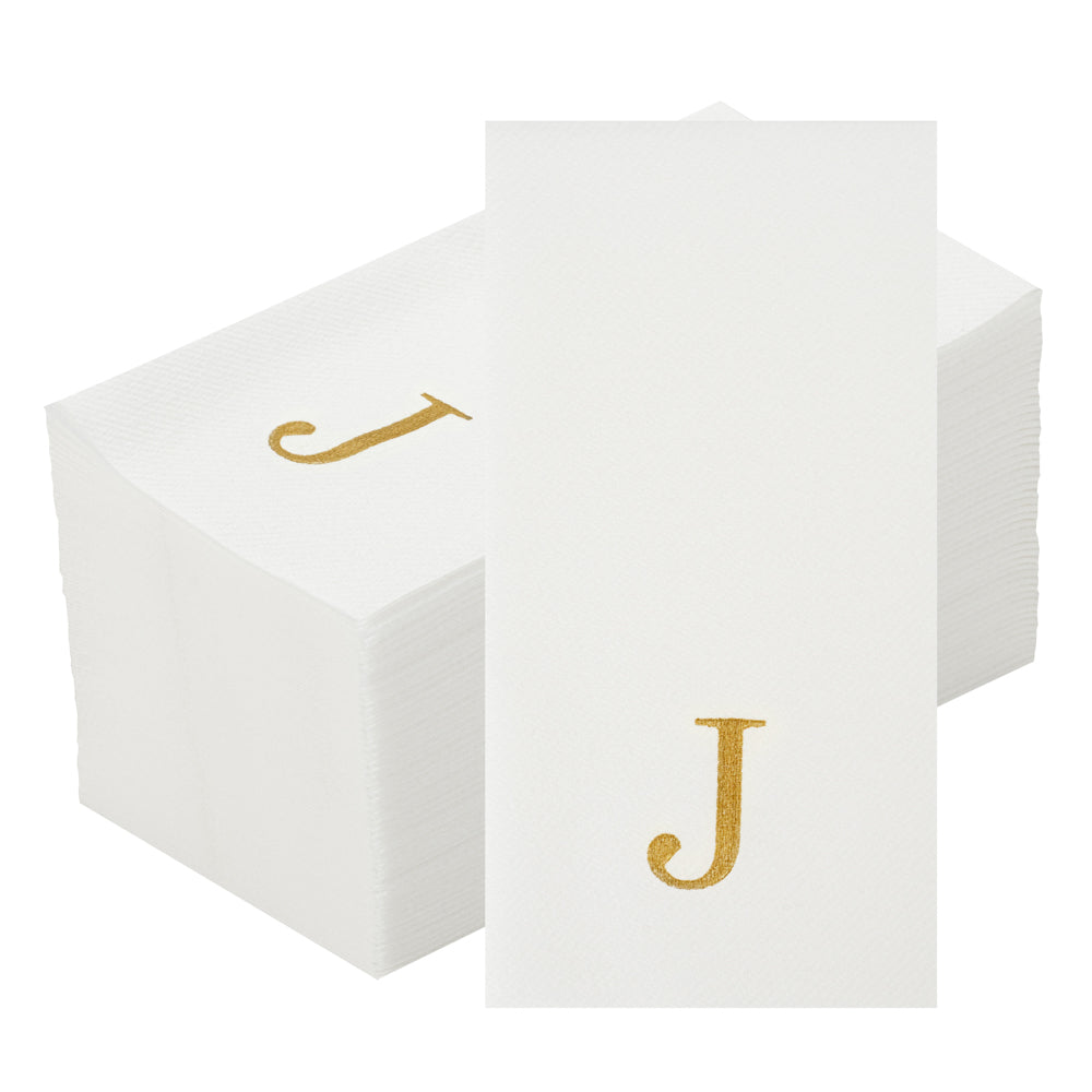 Luxenap Rectangle Gold Letter J White Paper Linen-Feel Guest Towel / Napkin - Air Laid, Sans Serif Font - 15 3/4" x 8" - 50 count box