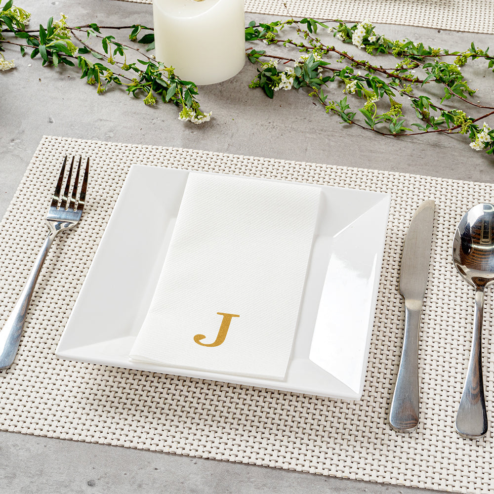 Luxenap Rectangle Gold Letter J White Paper Linen-Feel Guest Towel / Napkin - Air Laid, Sans Serif Font - 15 3/4" x 8" - 50 count box