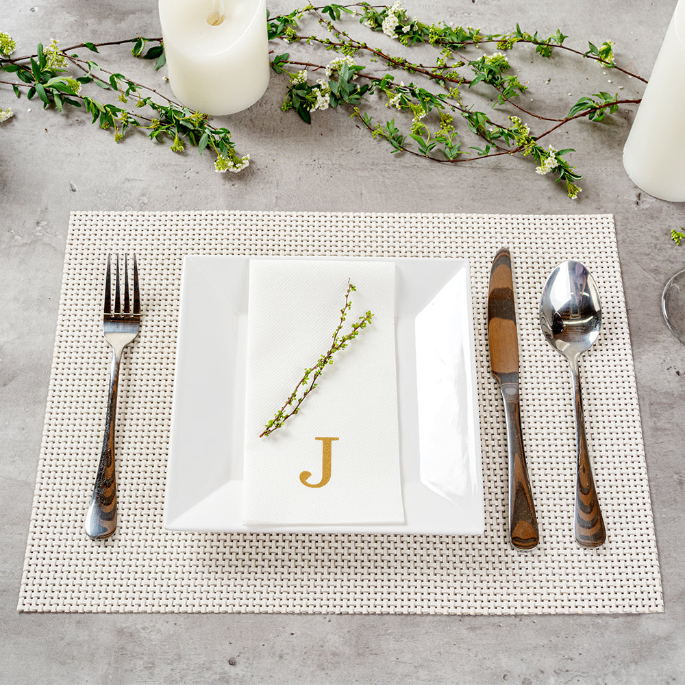 Luxenap Rectangle Gold Letter J White Paper Linen-Feel Guest Towel / Napkin - Air Laid, Sans Serif Font - 15 3/4" x 8" - 2000 count box
