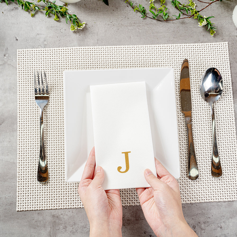 Luxenap Rectangle Gold Letter J White Paper Linen-Feel Guest Towel / Napkin - Air Laid, Sans Serif Font - 15 3/4" x 8" - 2000 count box