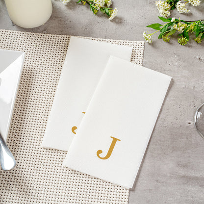 Luxenap Rectangle Gold Letter J White Paper Linen-Feel Guest Towel / Napkin - Air Laid, Sans Serif Font - 15 3/4" x 8" - 2000 count box