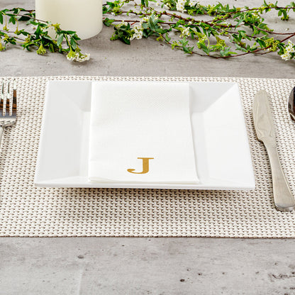 Luxenap Rectangle Gold Letter J White Paper Linen-Feel Guest Towel / Napkin - Air Laid, Sans Serif Font - 15 3/4" x 8" - 2000 count box