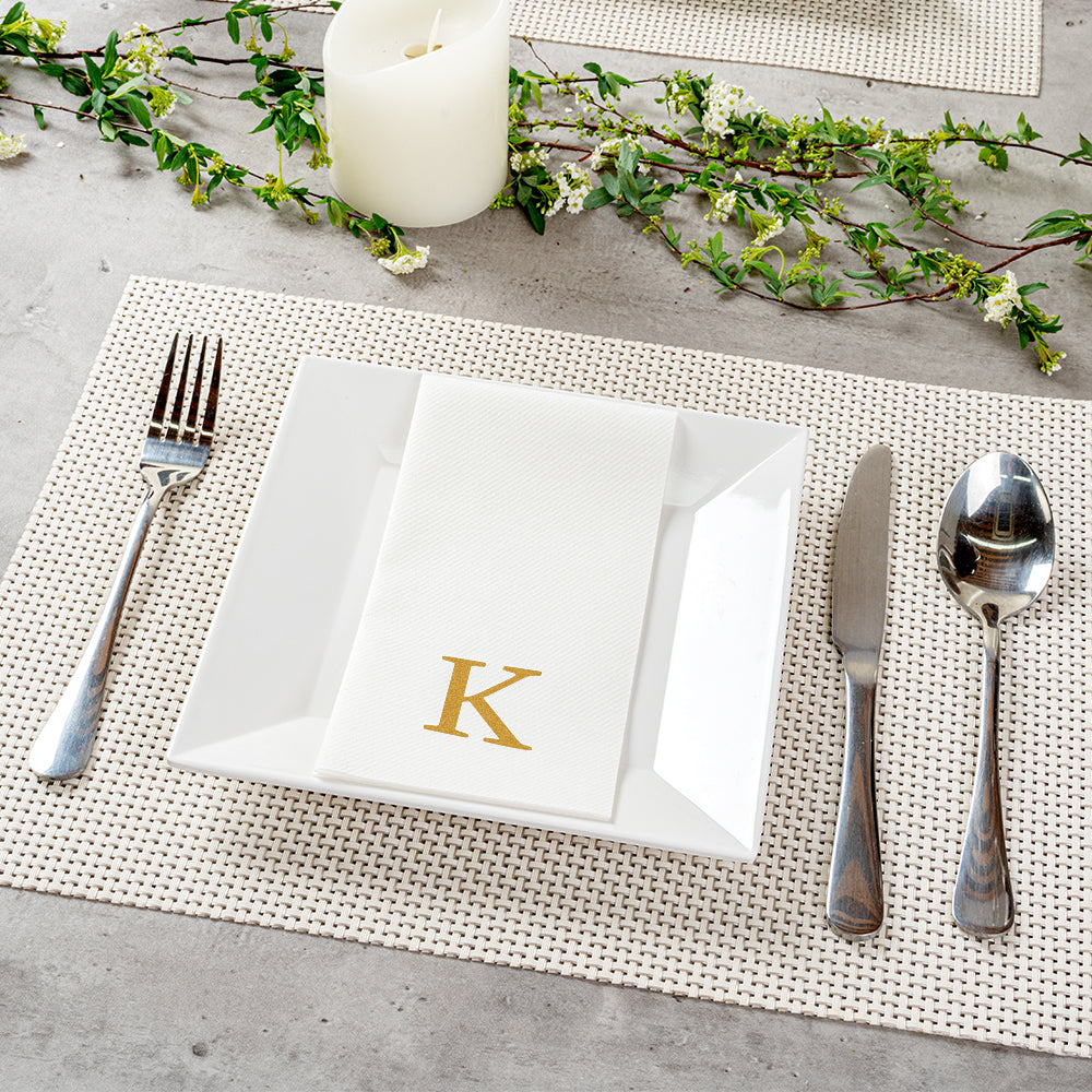 Luxenap Rectangle Gold Letter K White Paper Linen-Feel Guest Towel / Napkin - Air Laid, Sans Serif Font - 15 3/4" x 8" - 2000 count box
