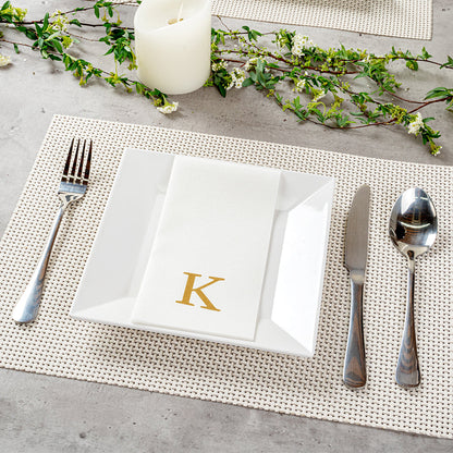 Luxenap Rectangle Gold Letter K White Paper Linen-Feel Guest Towel / Napkin - Air Laid, Sans Serif Font - 15 3/4" x 8" - 2000 count box