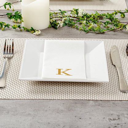 Luxenap Rectangle Gold Letter K White Paper Linen-Feel Guest Towel / Napkin - Air Laid, Sans Serif Font - 15 3/4" x 8" - 2000 count box