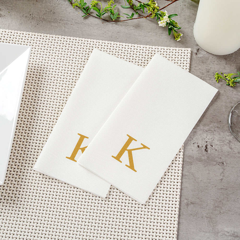 Luxenap Rectangle Gold Letter K White Paper Linen-Feel Guest Towel / Napkin - Air Laid, Sans Serif Font - 15 3/4" x 8" - 2000 count box