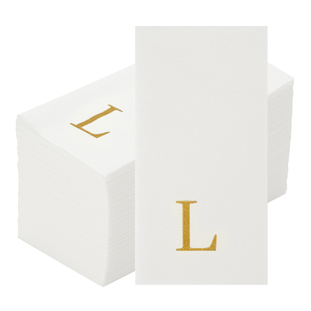 Luxenap Rectangle Gold Letter L White Paper Linen-Feel Guest Towel / Napkin - Air Laid, Sans Serif Font - 15 3/4" x 8" - 50 count box