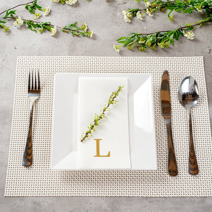 Luxenap Rectangle Gold Letter L White Paper Linen-Feel Guest Towel / Napkin - Air Laid, Sans Serif Font - 15 3/4" x 8" - 50 count box