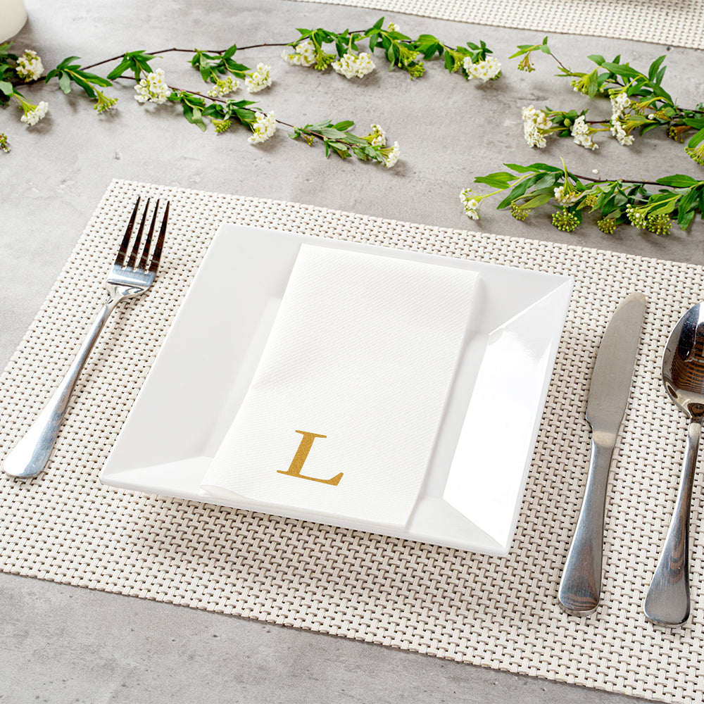 Luxenap Rectangle Gold Letter L White Paper Linen-Feel Guest Towel / Napkin - Air Laid, Sans Serif Font - 15 3/4" x 8" - 50 count box