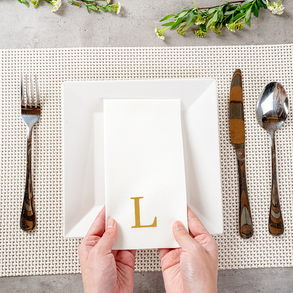 Luxenap Rectangle Gold Letter L White Paper Linen-Feel Guest Towel / Napkin - Air Laid, Sans Serif Font - 15 3/4" x 8" - 2000 count box