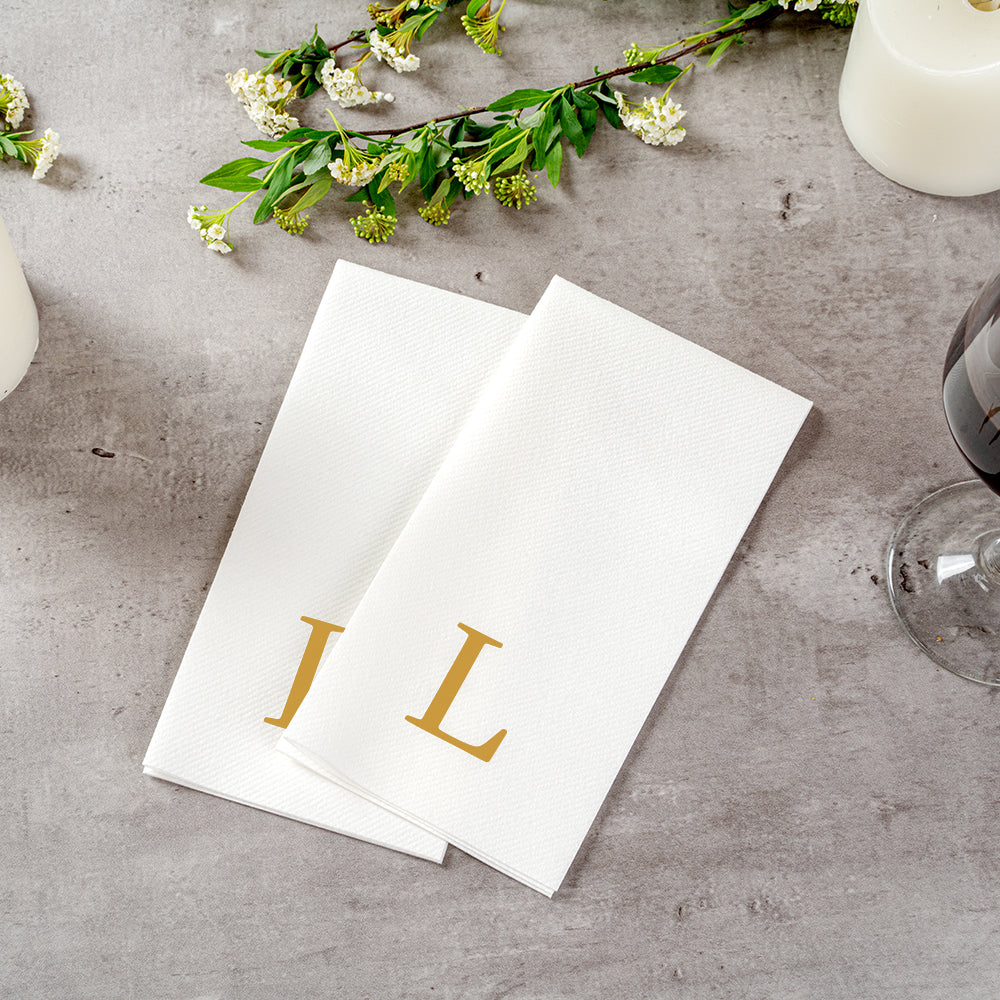 Luxenap Rectangle Gold Letter L White Paper Linen-Feel Guest Towel / Napkin - Air Laid, Sans Serif Font - 15 3/4" x 8" - 2000 count box