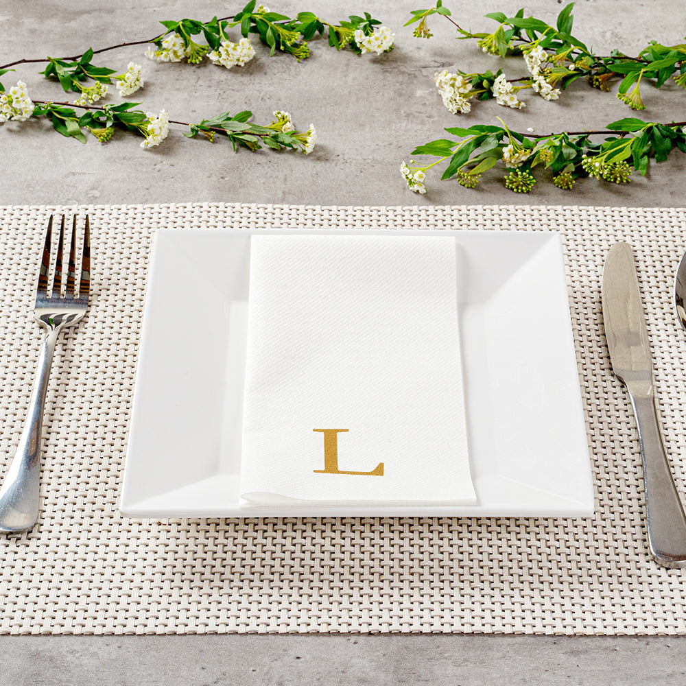 Luxenap Rectangle Gold Letter L White Paper Linen-Feel Guest Towel / Napkin - Air Laid, Sans Serif Font - 15 3/4" x 8" - 2000 count box