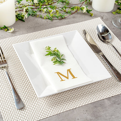 Luxenap Rectangle Gold Letter M White Paper Linen-Feel Guest Towel / Napkin - Air Laid, Sans Serif Font - 15 3/4" x 8" - 50 count box